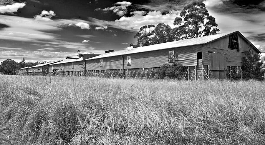 Black & white photo of large old shed