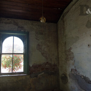 Abandoned photography of a bedroom with exsposed brick walls, and view of a bottlebrush tree in bloom through the window